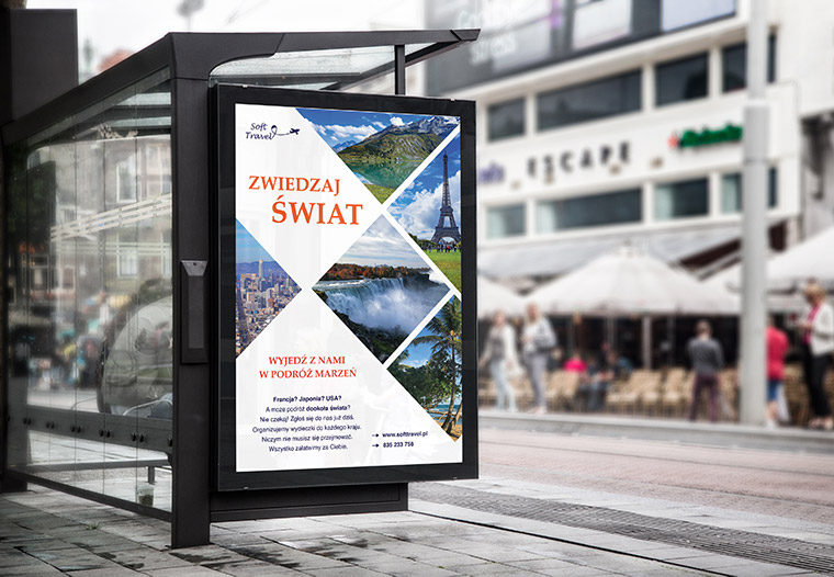 Projekt plakatu reklamującego usługi biura podróży Soft Travel. Plakat przedstawiony jest na mockupie przystanku autobusowego